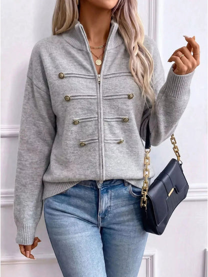 Light Blue Decorative Button Long Sleeve Zip Cardigan - Bitsy Gypsy Boutique