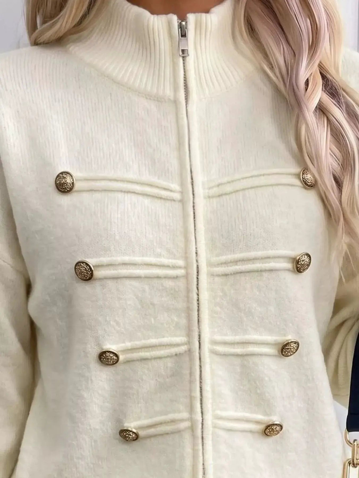 Light Blue Decorative Button Long Sleeve Zip Cardigan - Bitsy Gypsy Boutique