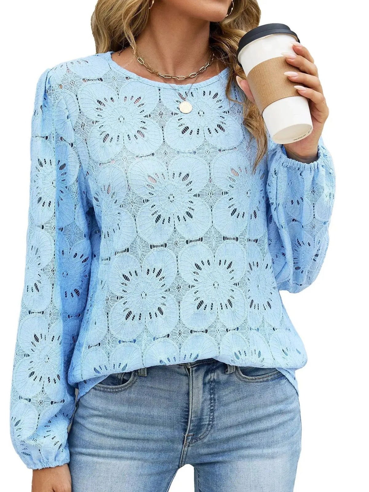 Light Blue Floral Eyelet Lace Long Sleeve Blouse - Bitsy Gypsy Boutique
