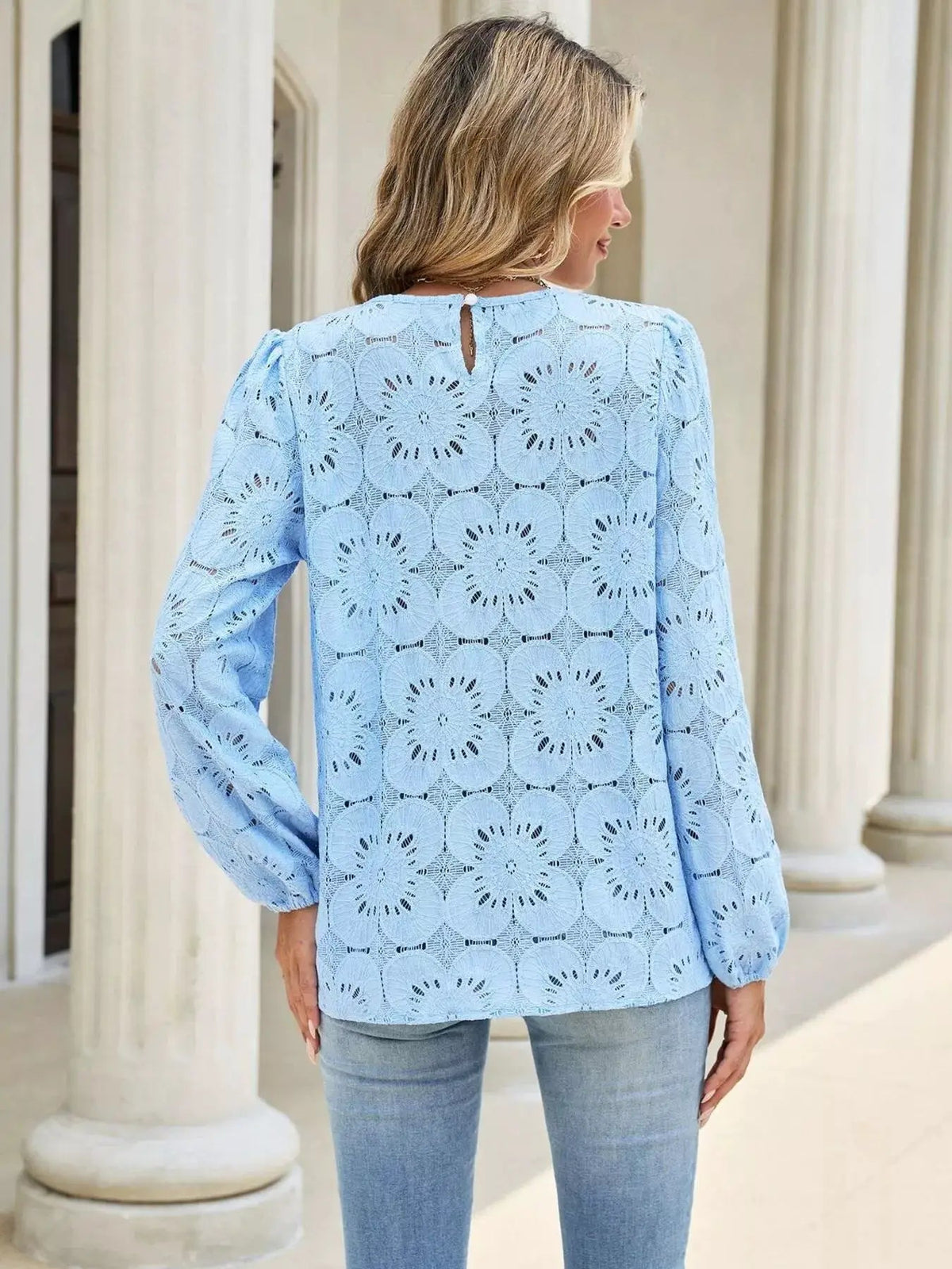 Light Blue Floral Eyelet Lace Long Sleeve Blouse - Bitsy Gypsy Boutique