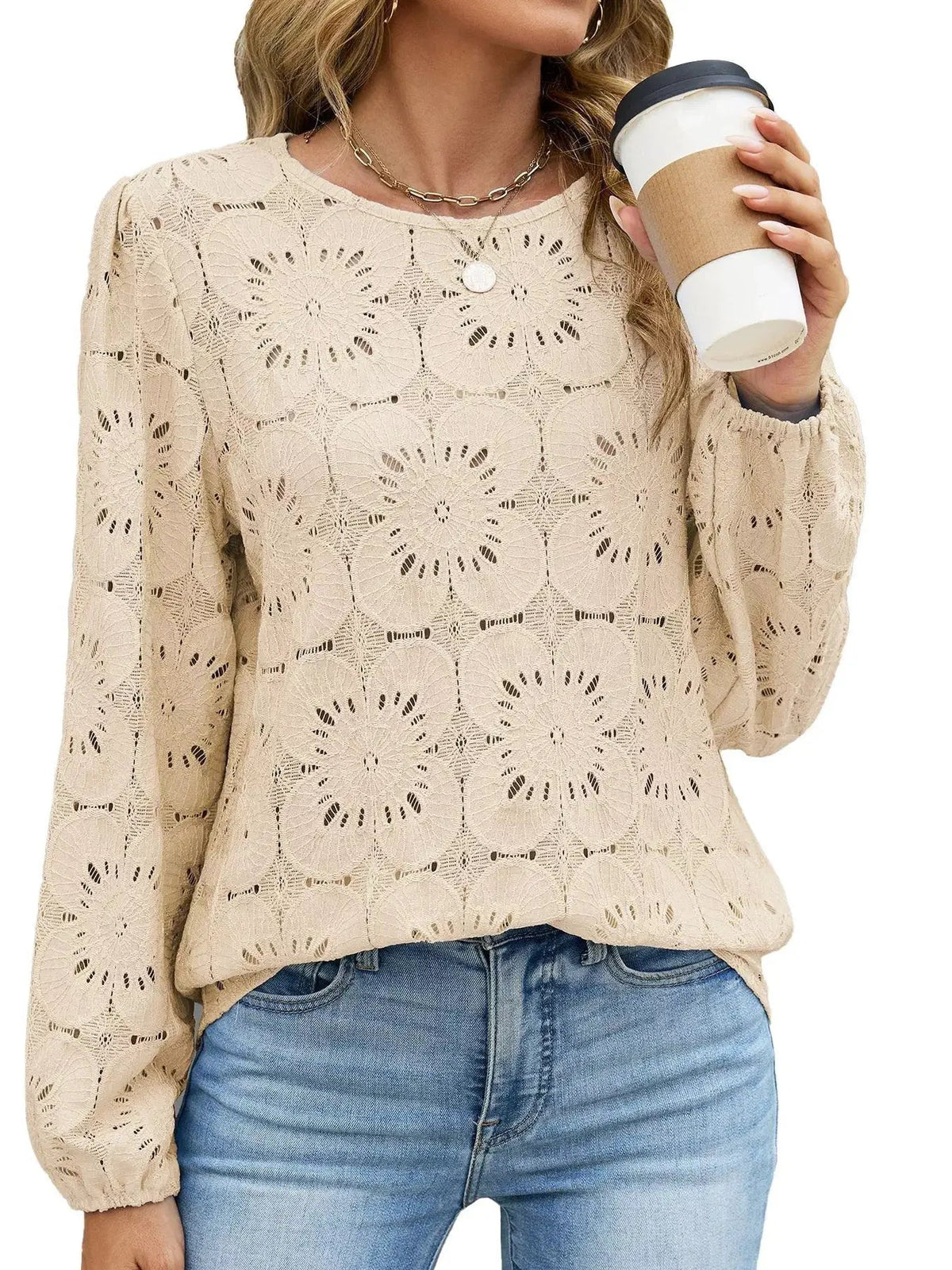 Light Blue Floral Eyelet Lace Long Sleeve Blouse - Bitsy Gypsy Boutique