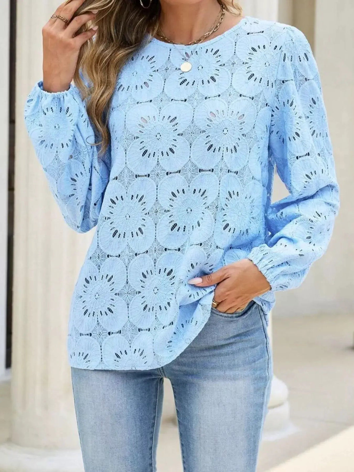 Light Blue Floral Eyelet Lace Long Sleeve Blouse - Bitsy Gypsy Boutique