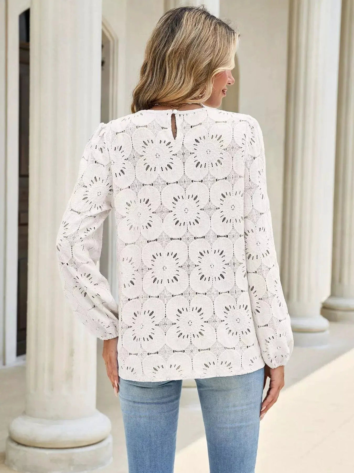 Light Blue Floral Eyelet Lace Long Sleeve Blouse - Bitsy Gypsy Boutique