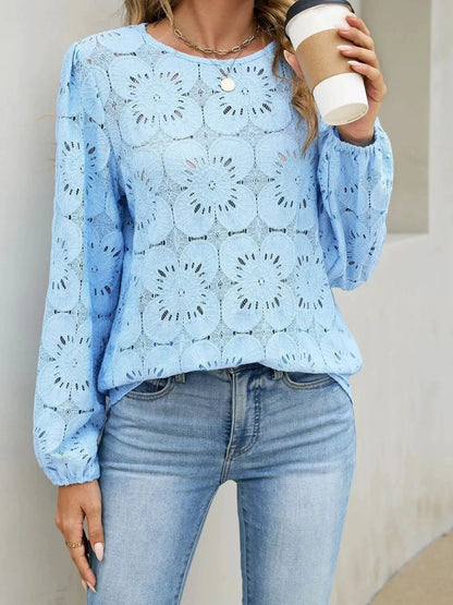 Light Blue Floral Eyelet Lace Long Sleeve Blouse - Bitsy Gypsy Boutique