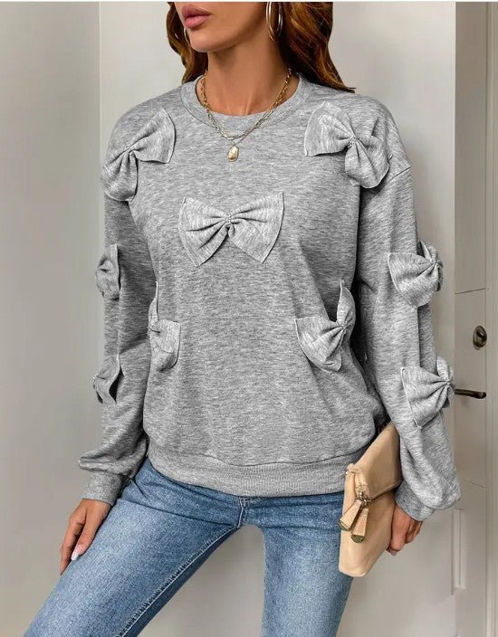 Light Gray Crewneck Bow Sweatershirt - Bitsy Gypsy Boutique