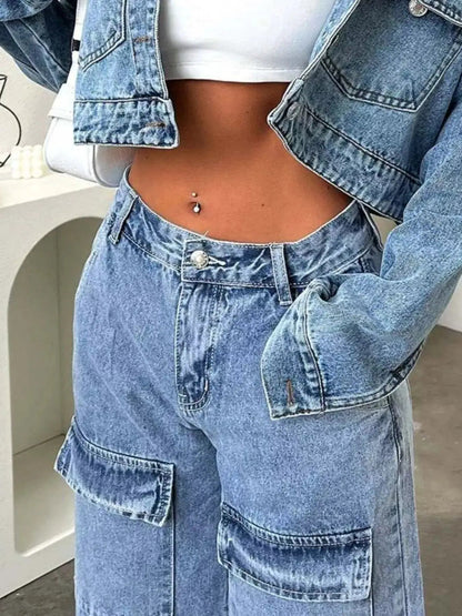 Light Wash High Waisted Wide Leg Cargo Jeans - Bitsy Gypsy Boutique