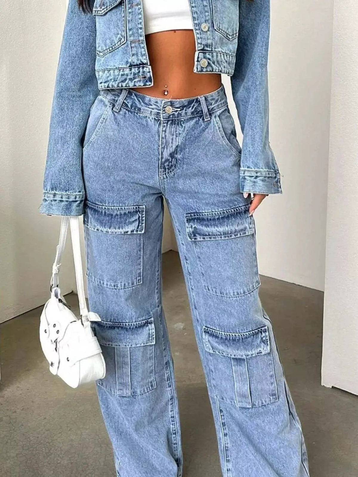 Light Wash High Waisted Wide Leg Cargo Jeans - Bitsy Gypsy Boutique
