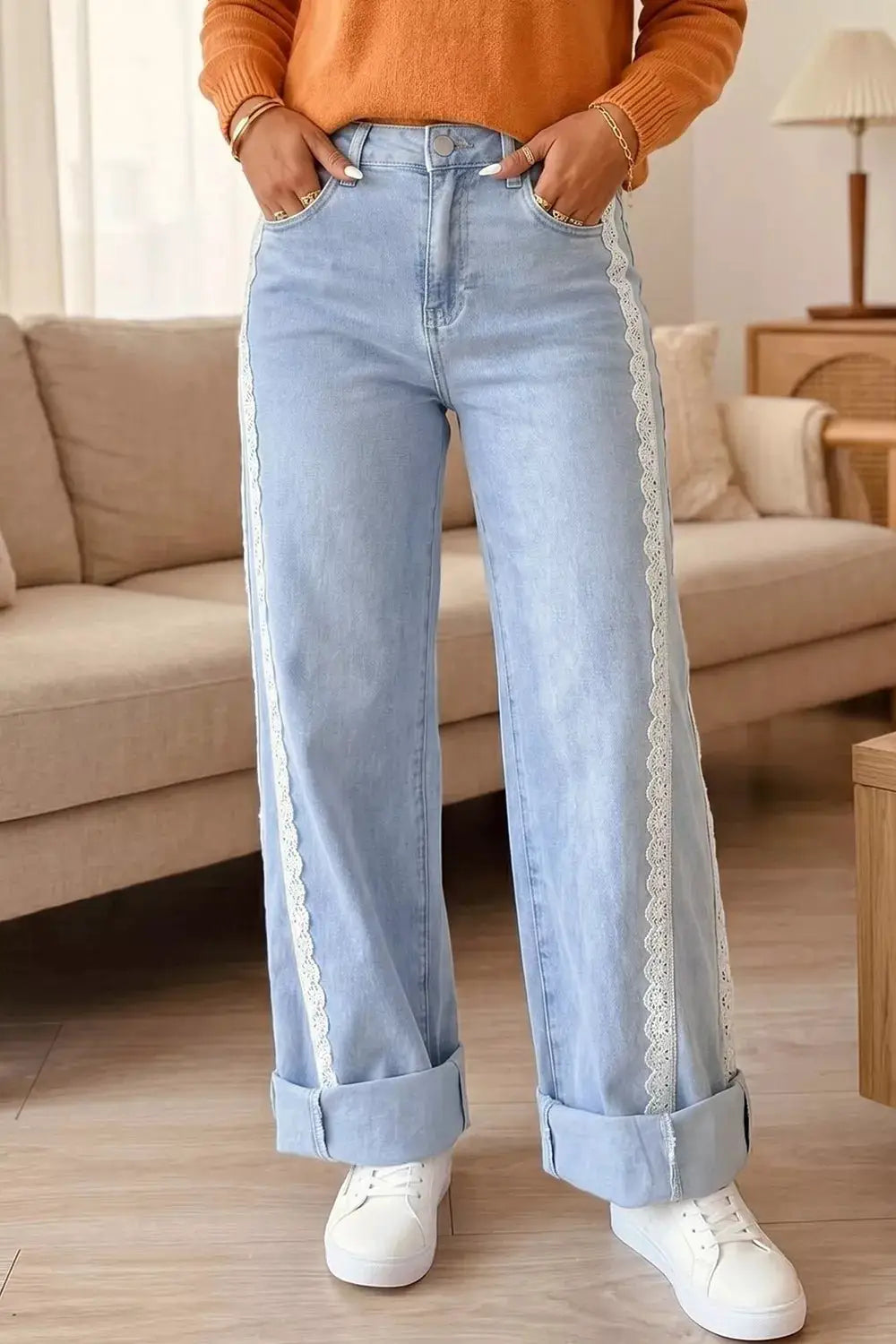 Light Wash Lace Trim Wide Leg Jeans by Trendsi