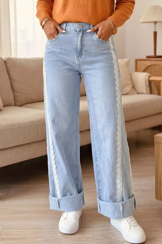 Light Wash Lace Trim Wide Leg Jeans by Trendsi