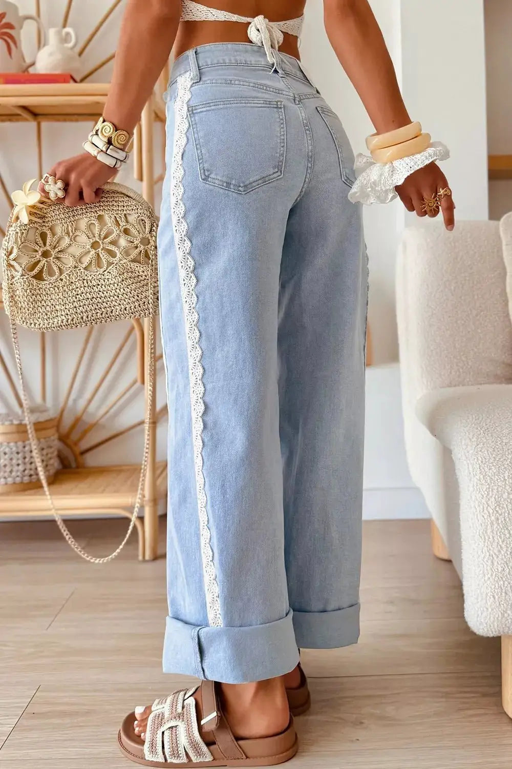 Light Wash Lace Trim Wide Leg Jeans by Trendsi