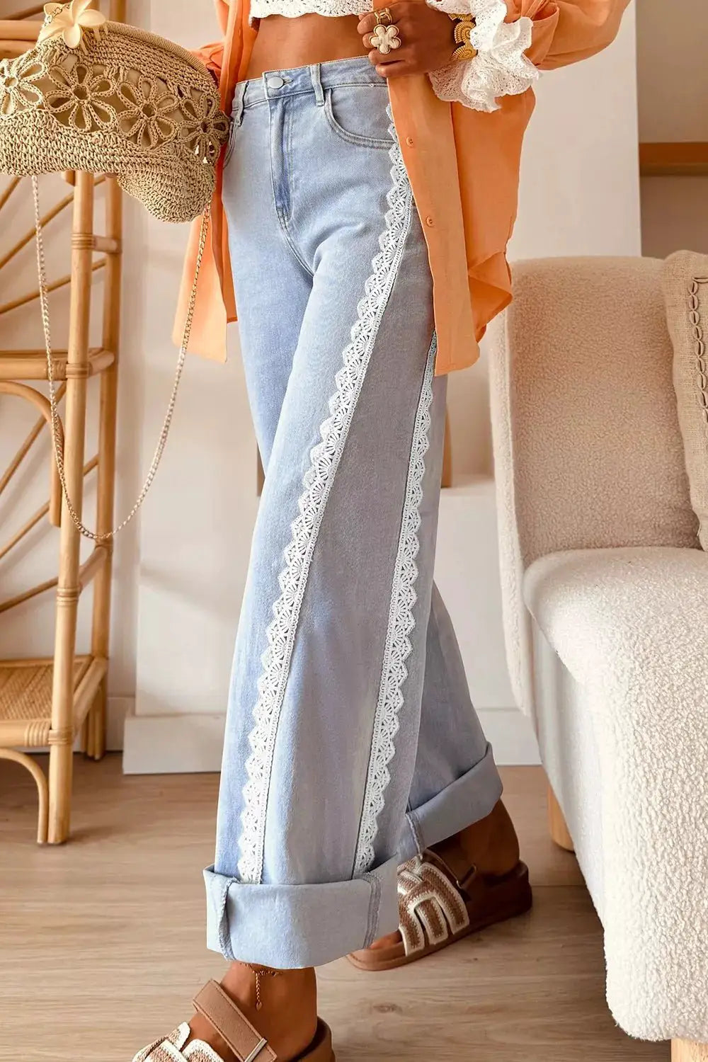 Light Wash Lace Trim Wide Leg Jeans by Trendsi
