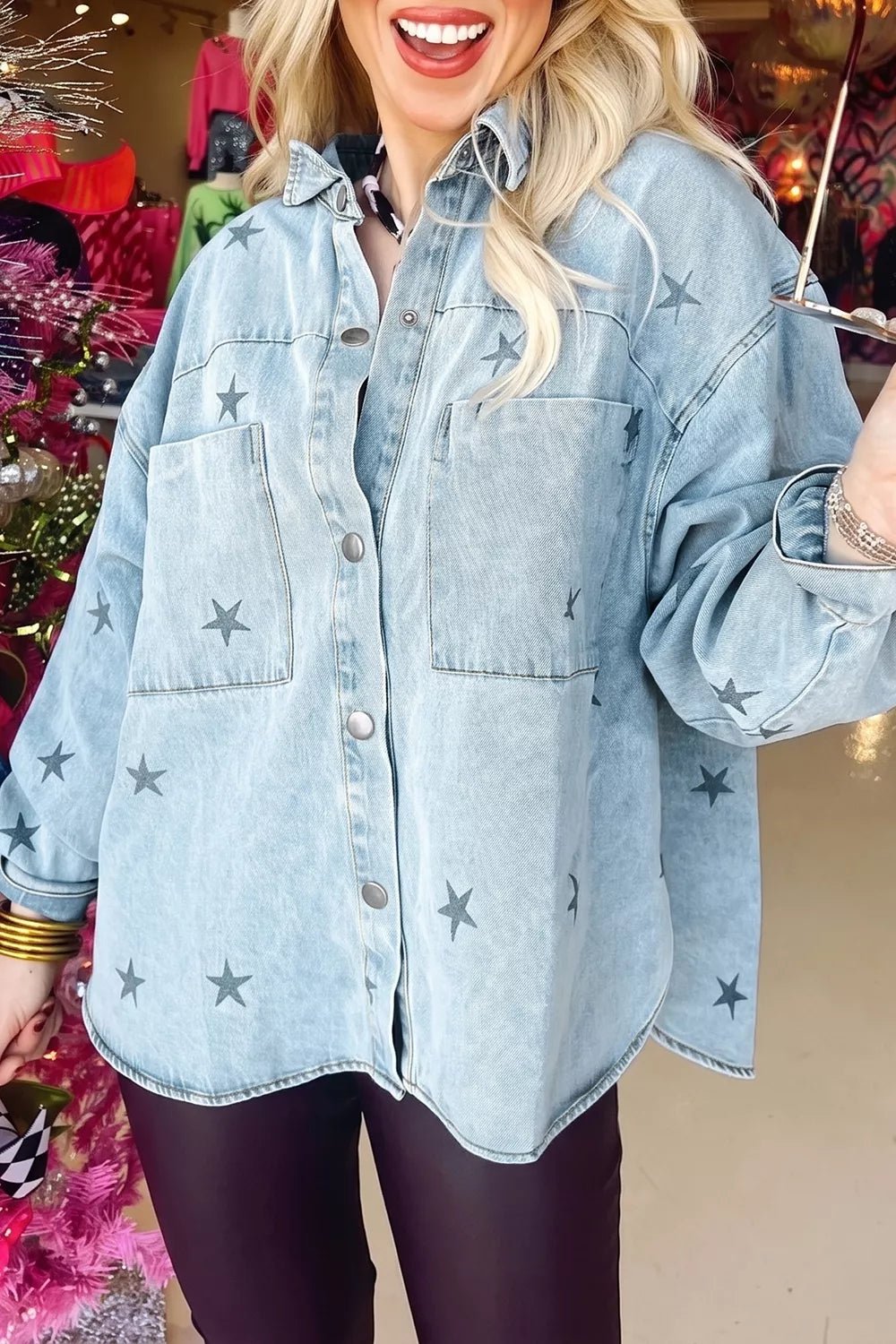 Light Wash Star Print Denim Jacket - Bitsy Gypsy Boutique