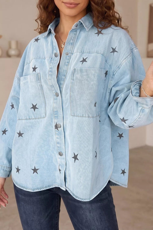 Light Wash Star Print Denim Jacket - Bitsy Gypsy Boutique
