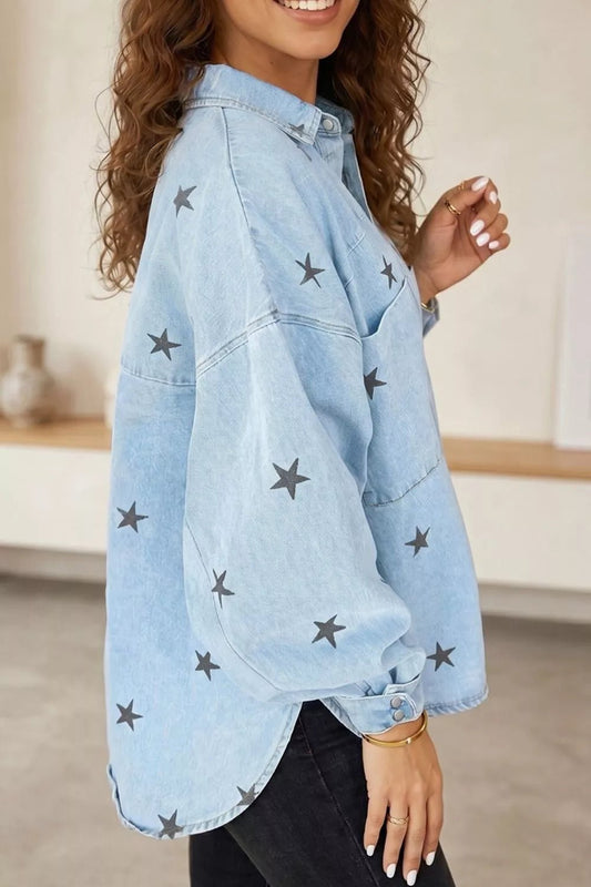Light Wash Star Print Denim Jacket - Bitsy Gypsy Boutique