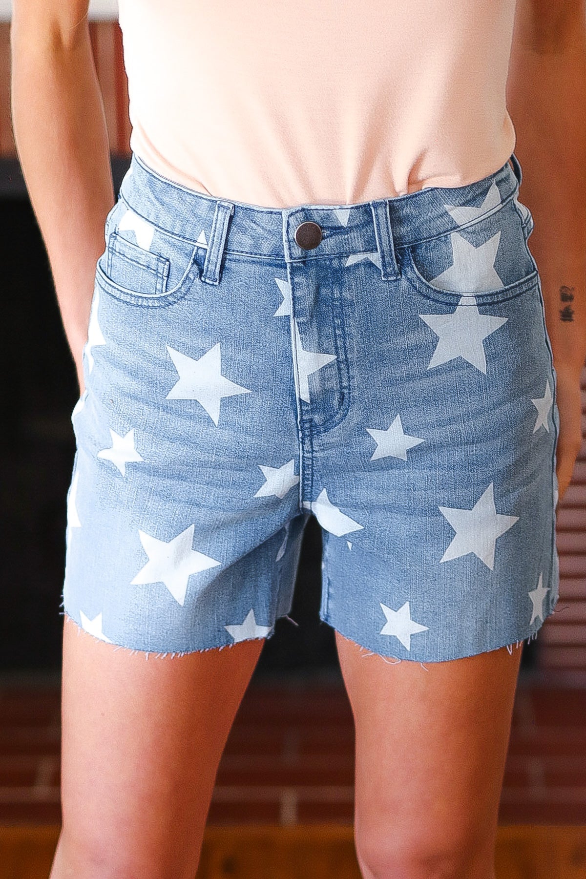 Light Wash Star Print High Rise Denim Shorts - Bitsy Gypsy Boutique