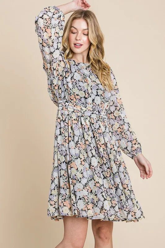 Lime 'N' Chili Chiffon Floral Print Belted Dress with Back Zipper - Bitsy Gypsy Boutique