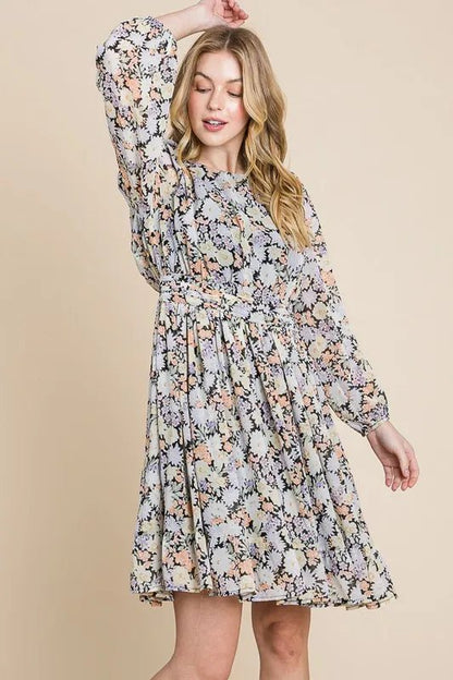 Lime 'N' Chili Chiffon Floral Print Belted Dress with Back Zipper - Bitsy Gypsy Boutique