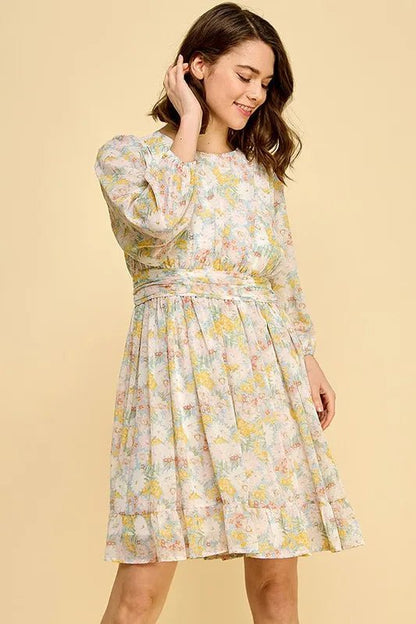 Lime 'N' Chili Chiffon Floral Print Belted Dress with Back Zipper - Bitsy Gypsy Boutique