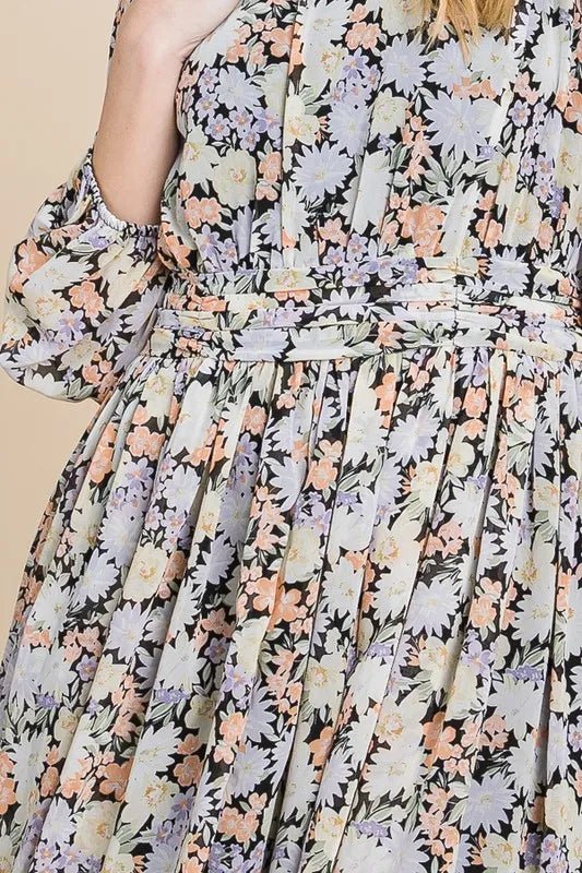 Lime 'N' Chili Chiffon Floral Print Belted Dress with Back Zipper - Bitsy Gypsy Boutique