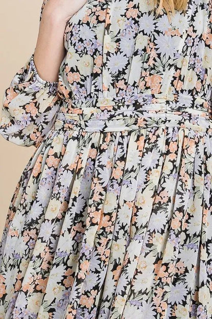 Lime 'N' Chili Chiffon Floral Print Belted Dress with Back Zipper - Bitsy Gypsy Boutique