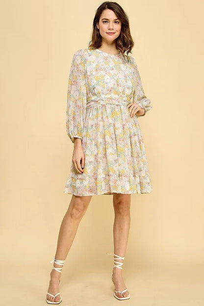 Lime 'N' Chili Chiffon Floral Print Belted Dress with Back Zipper - Bitsy Gypsy Boutique