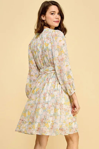 Lime 'N' Chili Chiffon Floral Print Belted Dress with Back Zipper - Bitsy Gypsy Boutique
