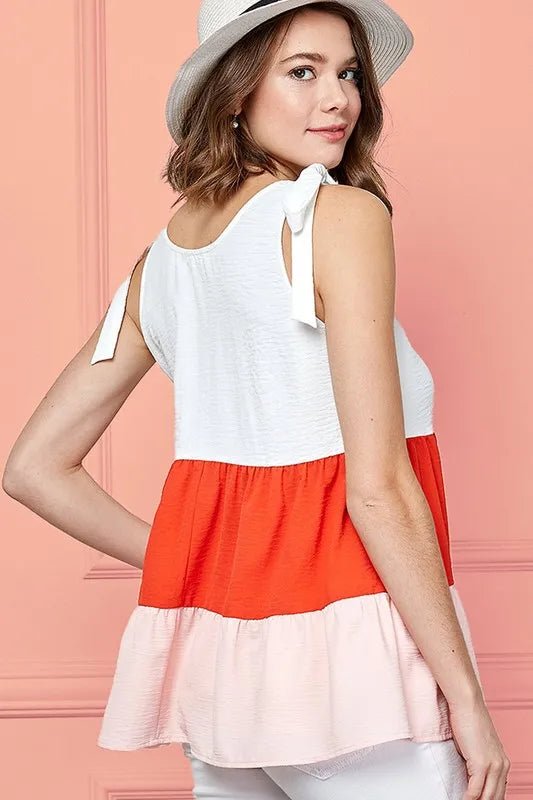 Lime 'N' Chili Color Block Sleeveless Tie Shoulder Babydoll Top - Bitsy Gypsy Boutique