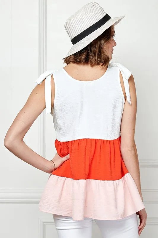 Lime 'N' Chili Color Block Sleeveless Tie Shoulder Babydoll Top - Bitsy Gypsy Boutique