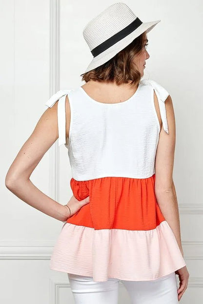 Lime 'N' Chili Color Block Sleeveless Tie Shoulder Babydoll Top - Bitsy Gypsy Boutique