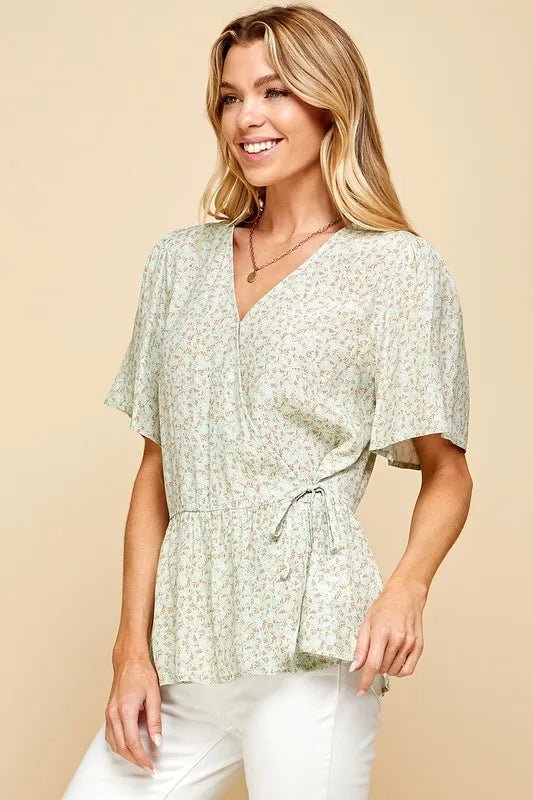 Lime 'N' Chili Ditsy Print V - Neck Short Sleeve Wrap Blouse - Bitsy Gypsy Boutique