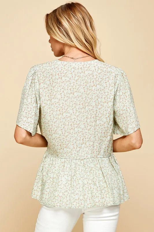 Lime 'N' Chili Ditsy Print V - Neck Short Sleeve Wrap Blouse - Bitsy Gypsy Boutique