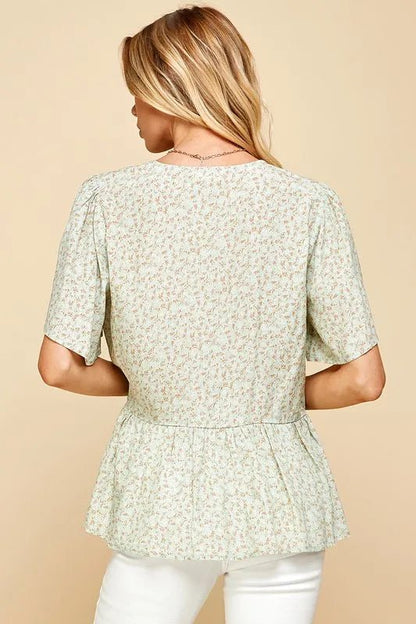 Lime 'N' Chili Ditsy Print V - Neck Short Sleeve Wrap Blouse - Bitsy Gypsy Boutique