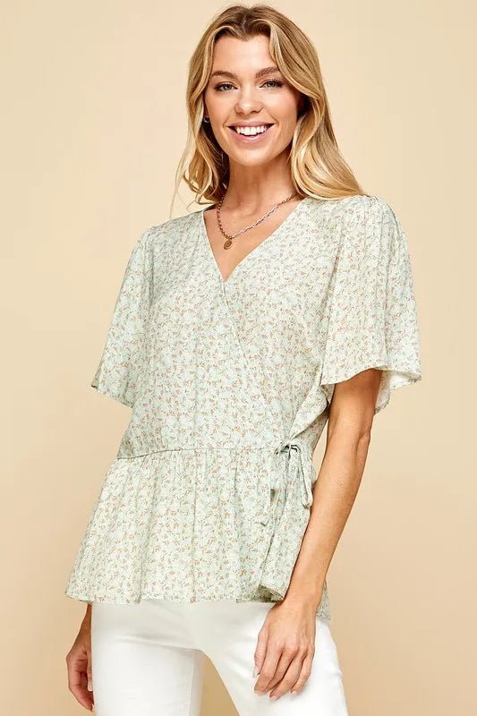 Lime 'N' Chili Ditsy Print V - Neck Short Sleeve Wrap Blouse - Bitsy Gypsy Boutique