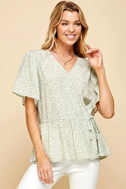 Lime 'N' Chili Ditsy Print V - Neck Short Sleeve Wrap Blouse - Bitsy Gypsy Boutique
