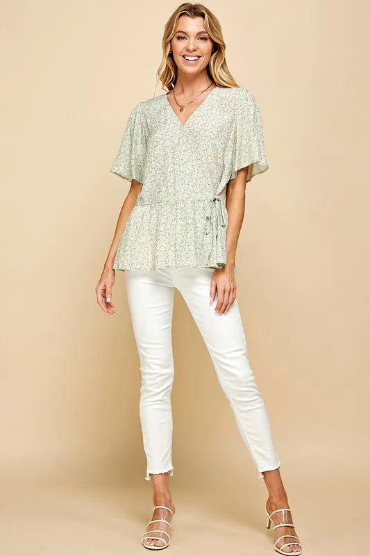 Lime 'N' Chili Ditsy Print V - Neck Short Sleeve Wrap Blouse - Bitsy Gypsy Boutique