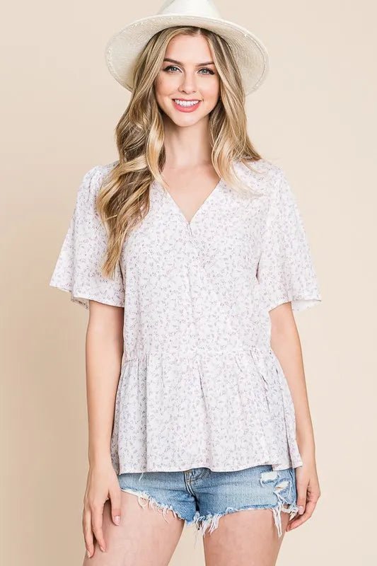 Lime 'N' Chili Ditsy Print V - Neck Short Sleeve Wrap Blouse - Bitsy Gypsy Boutique