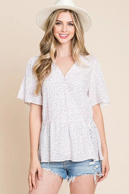 Lime 'N' Chili Ditsy Print V - Neck Short Sleeve Wrap Blouse - Bitsy Gypsy Boutique