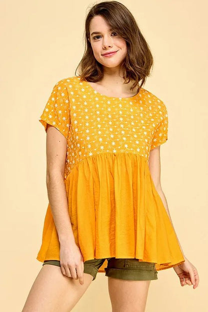 Lime 'N' Chili Embroidered Short Sleeve Pleated Babydoll Top - Bitsy Gypsy Boutique