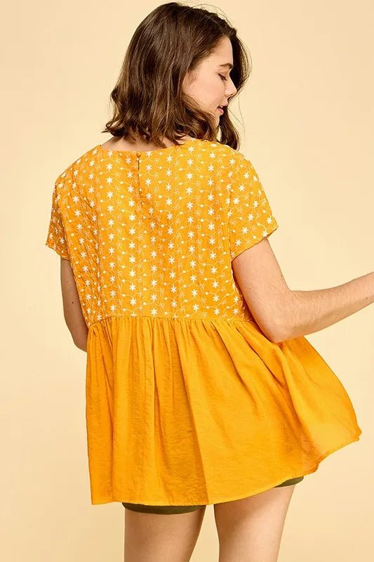 Lime 'N' Chili Embroidered Short Sleeve Pleated Babydoll Top - Bitsy Gypsy Boutique