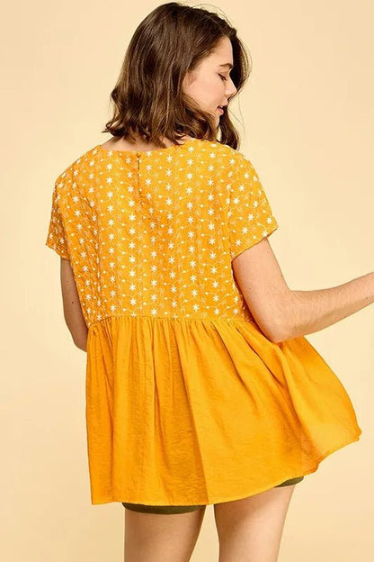 Lime 'N' Chili Embroidered Short Sleeve Pleated Babydoll Top - Bitsy Gypsy Boutique