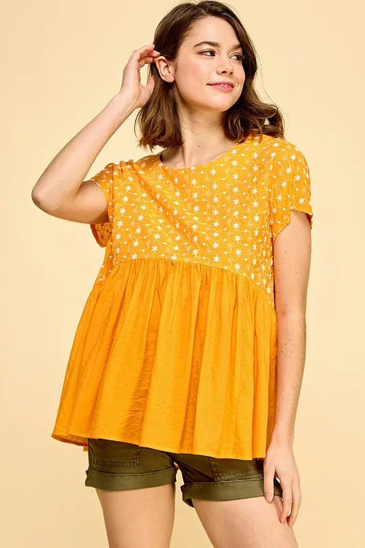 Lime 'N' Chili Embroidered Short Sleeve Pleated Babydoll Top - Bitsy Gypsy Boutique