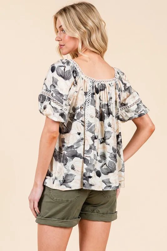Lime 'N' Chili Floral Print Lace Trim Puff Sleeve Blouse - Bitsy Gypsy Boutique