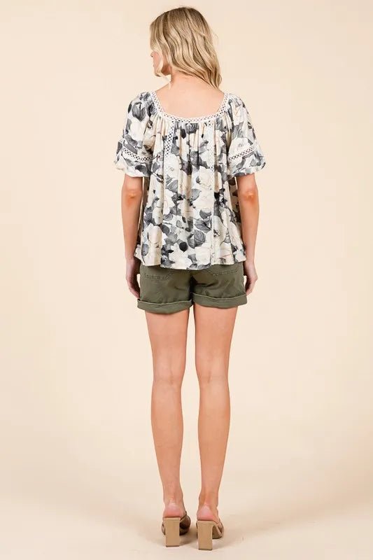 Lime 'N' Chili Floral Print Lace Trim Puff Sleeve Blouse - Bitsy Gypsy Boutique