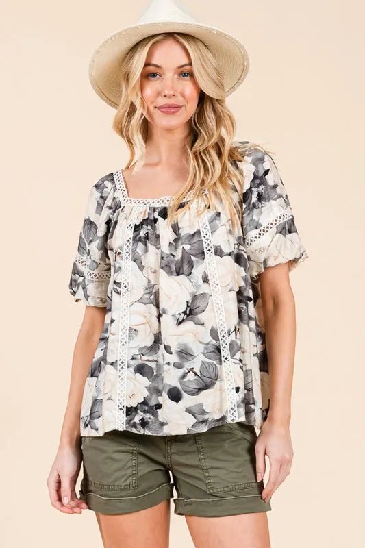 Lime 'N' Chili Floral Print Lace Trim Puff Sleeve Blouse - Bitsy Gypsy Boutique