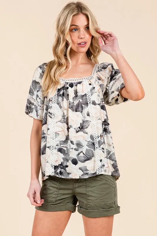 Lime 'N' Chili Floral Print Lace Trim Puff Sleeve Blouse - Bitsy Gypsy Boutique