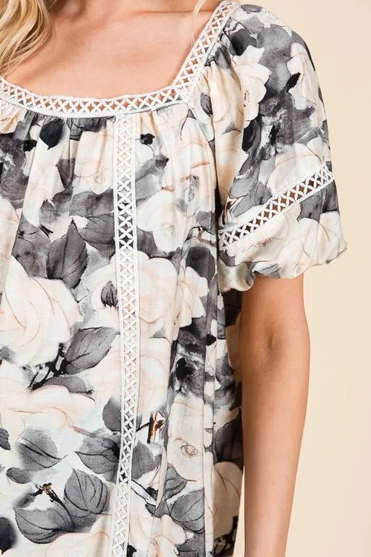 Lime 'N' Chili Floral Print Lace Trim Puff Sleeve Blouse - Bitsy Gypsy Boutique