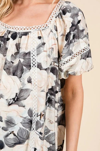 Lime 'N' Chili Floral Print Lace Trim Puff Sleeve Blouse - Bitsy Gypsy Boutique