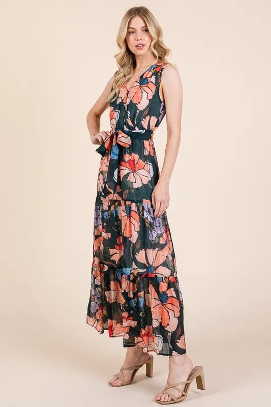 Lime 'N' Chili Floral Print Sleeveless Tie Waist Maxi Dress - Bitsy Gypsy Boutique