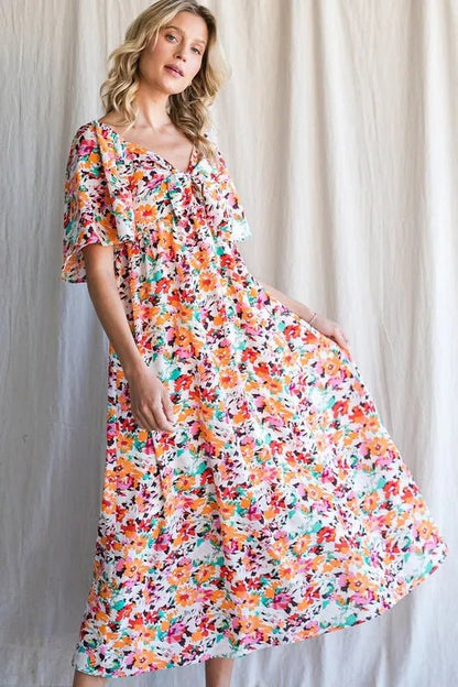 Lime 'N' Chili Floral Print Sweetheart Neck Tie Front Midi Dress - Bitsy Gypsy Boutique
