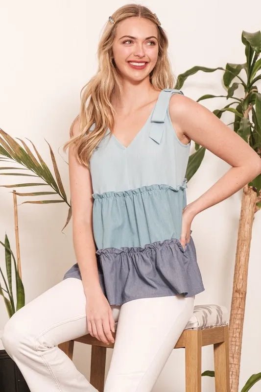 Lime 'N' Chili Full Size Color Block V - Neck Baby Doll Sleeveless Top Plus Size - Bitsy Gypsy Boutique